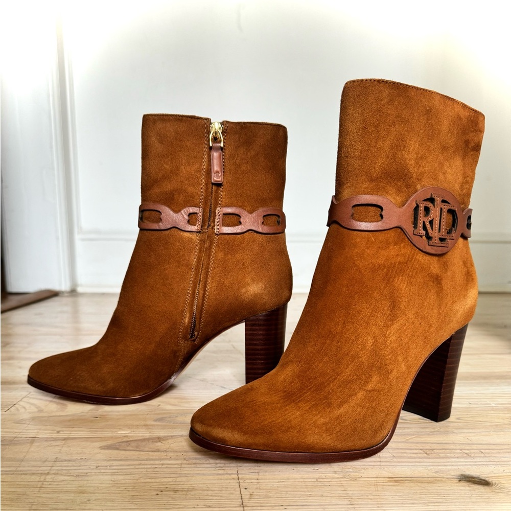 Ralph Lauren Abigael Brown Suede Leather Heel Boots NWOT Size 9.5